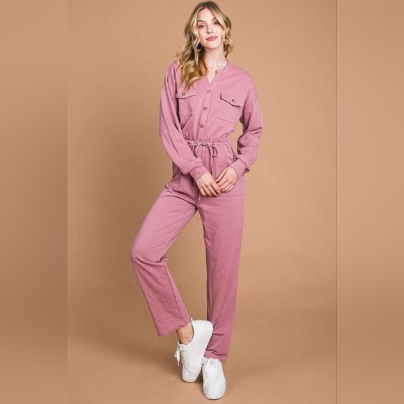 Culture Code Full Size Button Up Drawstring Waist Straight Jumpsuit - Picture 4 of 4